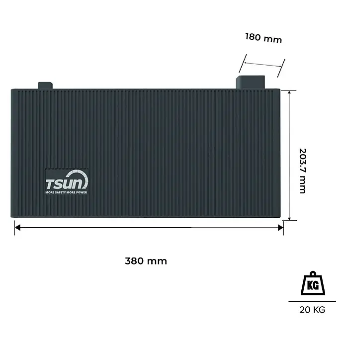 Sunniva Balkonkraftwerk-Set 3680 / 800 Watt mit TSUN DCU2000Lite 8,04 kWh Speicher - Nennleistung: 800 W, L x B x H: 1.762 x 1.134 x 30 mm - Dunkelgraues, geripptes TSUN Batteriemodul (380x203.7x180 mm, 20 kg).