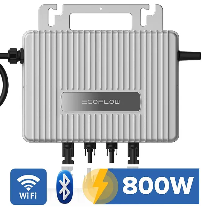 Sunniva Balkonkraftwerk-Set 1000 / 800 Watt mit ECOFLOW Wechselrichter - Nennleistung: 800 W, L x B x H: 1.906 x 1.134 x 30 mm - Grauer Ecoflow Solar-Wechselrichter mit Rippen und Anschlüssen. Mit WLAN, Bluetooth, 800W Leistung.