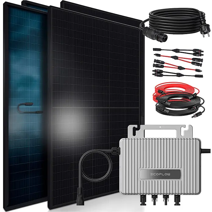 Sunniva Balkonkraftwerk-Set 1840 / 800 Watt mit ECOFLOW Wechselrichter - Nennleistung: 800 W, L x B x H: 1.762 x 1.134 x 30 mm - Zwei schwarze Solarmodule, ein EcoFlow Mikrowechselrichter, AC-Kabel, MC4-Y-Verbinder und DC-Verlängerungskabel für ein Solarsystem.