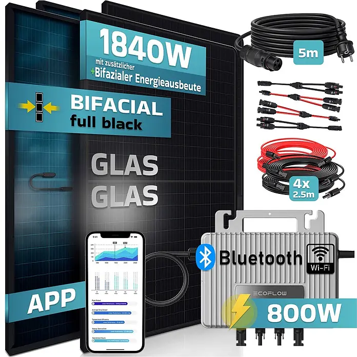 Sunniva Balkonkraftwerk-Set 1840 / 800 Watt mit ECOFLOW Wechselrichter - Nennleistung: 800 W, L x B x H: 1.762 x 1.134 x 30 mm - Bifaziales, voll schwarzes Glas-Glas Solarmodul-Set (1840W) mit 800W Ecoflow Mikro-Wechselrichter und Anschlusskabeln.