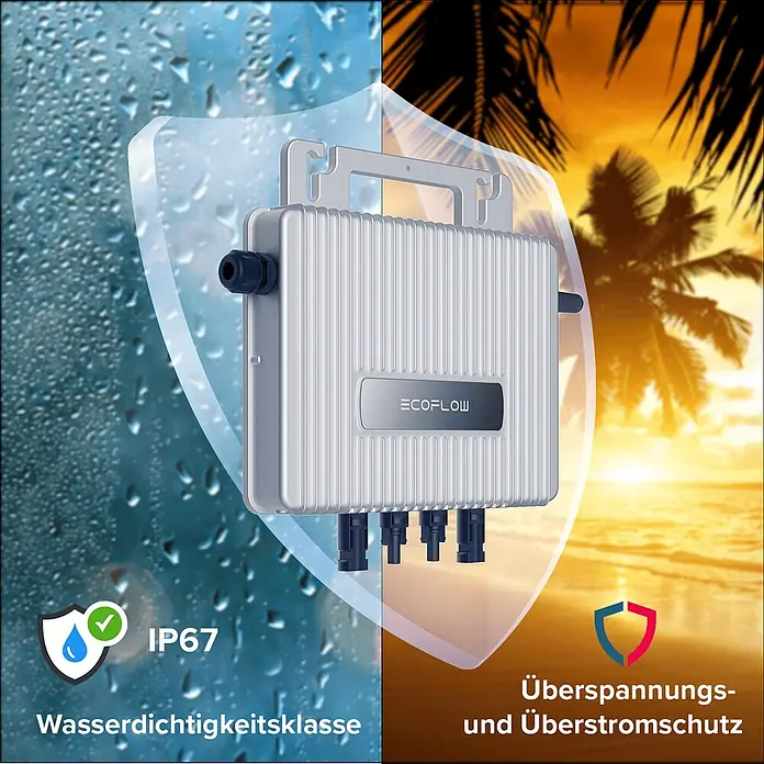 Sunniva Balkonkraftwerk-Set 2000 / 800 Watt mit ECOFLOW Wechselrichter - Nennleistung: 800 W, L x B x H: 1.906 x 1.134 x 30 mm - Silbernes Ecoflow Elektronikgerät mit geripptem Gehäuse, IP67 wasser- und überspannungs-/überstromgeschützt für den Außenbereich.