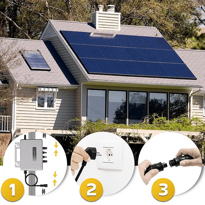 Sunniva Balkonkraftwerk-Set 1000 / 800 Watt mit ECOFLOW Wechselrichter - Nennleistung: 800 W, L x B x H: 1.906 x 1.134 x 30 mm - Haus mit Solarmodulen; Einsätze zeigen den Anschluss eines Solar-Mikrowechselrichters, das Einstecken in eine Steckdose und das Verbinden von Kabeln.