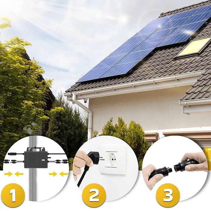 Sunniva Balkonkraftwerk-Set 1840 / 800 Watt mit TSUN Wechselrichter - Nennleistung: 800 W, L x B x H: 1.762 x 1.134 x 30 mm - Solarmodule auf einem Haus. Einfügungen zeigen den Anschluss eines schwarzen Solar-Wechselrichters, Netzsteckers und Kabels für die Stromversorgung.