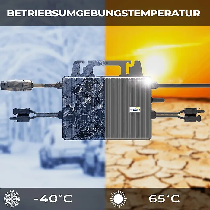 Sunniva Balkonkraftwerk-Set 1840 / 800 Watt mit TSUN Wechselrichter - Nennleistung: 800 W, L x B x H: 1.762 x 1.134 x 30 mm - TSUN Mikro-Wechselrichter bei extremer Kälte (-40°C mit Frost) und Hitze (65°C unter Sonne), zeigt weiten Betriebstemperaturbereich.