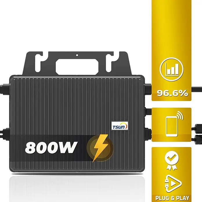 Sunniva Balkonkraftwerk-Set 1840 / 800 Watt mit TSUN Wechselrichter - Nennleistung: 800 W, L x B x H: 1.762 x 1.134 x 30 mm - Dunkelgrauer 800W Solar-Mikrowechselrichter mit geripptem Gehäuse, 96,6% Effizienz, Smartphone-Überwachung und Plug-and-Play.