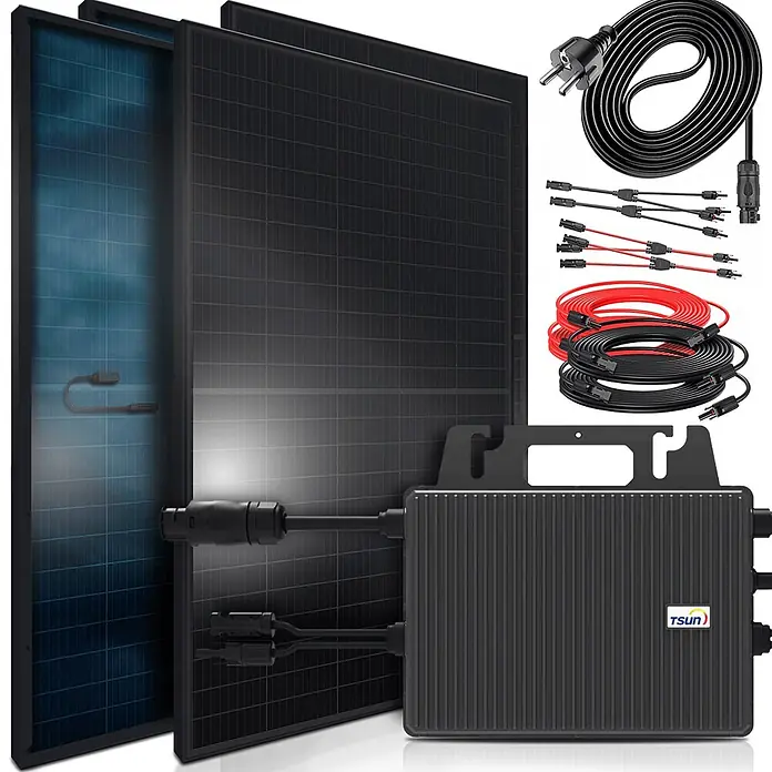 Sunniva Balkonkraftwerk-Set 1840 / 800 Watt mit TSUN Wechselrichter - Nennleistung: 800 W, L x B x H: 1.762 x 1.134 x 30 mm - Zwei schwarze Solarmodule, ein schwarzer TSUN Wechselrichter und ein Set schwarzer und roter Kabel und Stecker für ein Solarsystem.