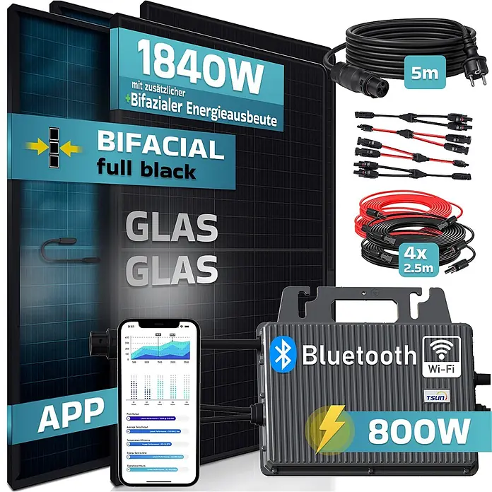 Sunniva Balkonkraftwerk-Set 1840 / 800 Watt mit TSUN Wechselrichter - Nennleistung: 800 W, L x B x H: 1.762 x 1.134 x 30 mm - Schwarze bifaziale Glas-Glas Solarmodule (1840W) mit 800W Wechselrichter (Bluetooth/Wi-Fi), Kabeln und App zur Energieüberwachung.
