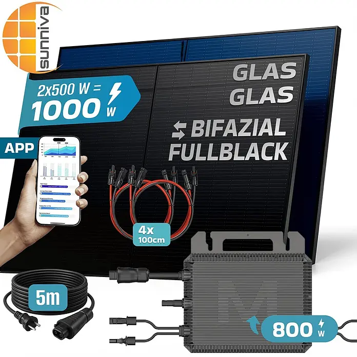 Sunniva Balkonkraftwerk-Set 1000 / 800 Watt mit MARSTEK Wechselrichter - Nennleistung: 800 W, L x B x H: 1.906 x 1.134 x 30 mm - Zwei voll-schwarze bifaziale Glas-Glas-Solarpanels (gesamt 1000W), 800W Wechselrichter, Anschlusskabel & App-Anzeige.
