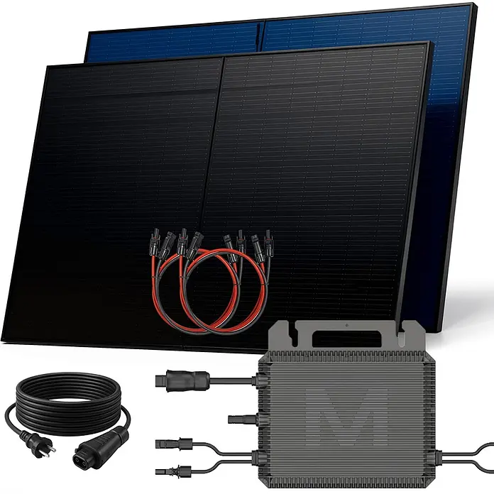 Sunniva Balkonkraftwerk-Set 1000 / 800 Watt mit MARSTEK Wechselrichter - Nennleistung: 800 W, L x B x H: 1.906 x 1.134 x 30 mm - Solarpanel-Kit: schwarze und blaue Solarmodule, Mikro-Wechselrichter, Verbindungskabel und Netzkabel.