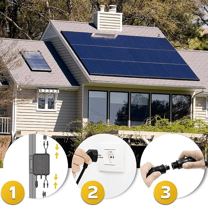 Sunniva Balkonkraftwerk-Set 2000 / 800 Watt mit MARSTEK Wechselrichter - Nennleistung: 800 W, L x B x H: 1.906 x 1.134 x 30 mm - Plug-and-play Solarsystem: Mikrowechselrichter, Steckdose und Kabelanschlüsse für Dachsolarmodule gezeigt.