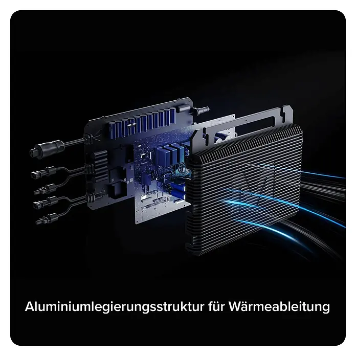 Sunniva Balkonkraftwerk-Set 1000 / 800 Watt mit MARSTEK Wechselrichter - Nennleistung: 800 W, L x B x H: 1.906 x 1.134 x 30 mm - Dunkelgraues Elektronikgerät aus Aluminiumlegierung, zeigt interne Komponenten und Rippenstruktur zur Wärmeableitung.