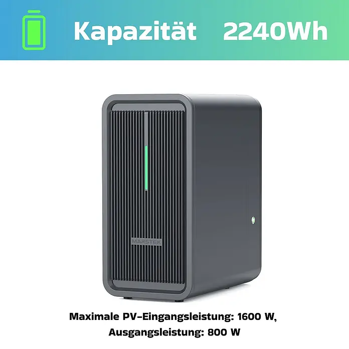 Sunniva Balkonkraftwerk-Set 3680 / 800 Watt mit Marstek 8.96 kWh Speicher - Nennleistung: 800 W, L x B x H: 1.762 x 1.134 x 30 mm - Dunkelgraue Powerstation mit vertikalen Lüftungsschlitzen und grüner Leuchtanzeige auf der Vorderseite.