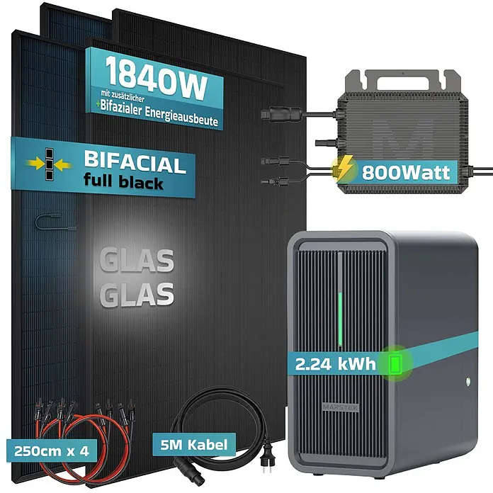 Sunniva Balkonkraftwerk-Set 1840 / 800 Watt mit Marstek 2.24 kWh Speicher - Nennleistung: 800 W, L x B x H: 1.762 x 1.134 x 30 mm - Solarenergie-Set mit schwarzen bifazialen Glas-Glas-Solarmodulen (1840W), 800W Wechselrichter und 2,24 kWh MARSTEK Batteriespeicher.