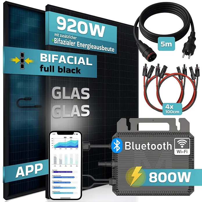 Sunniva Balkonkraftwerk-Set 920 / 800 Watt mit MARSTEK Wechselrichter - Nennleistung: 800 W, L x B x H: 1.762 x 1.134 x 30 mm - Schwarzes bifaziales Glas-Glas-Solarpanel-Set mit 800W Wechselrichter (Bluetooth/Wi-Fi), 5m AC-Kabel, 4x 100cm DC-Kabeln und App-Überwachungsanzeige.