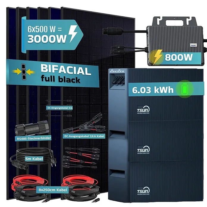 Sunniva Balkonkraftwerk-Set 3000 / 800 Watt mit TSUN DCU2000Lite 6,03 kWh Speicher - Nennleistung: 800 W - Schwarze bifaziale Solarpaneele (3000W), 800W Wechselrichter, 6,03 kWh Batteriespeicher und Anschlusskabel für Solaranlage.
