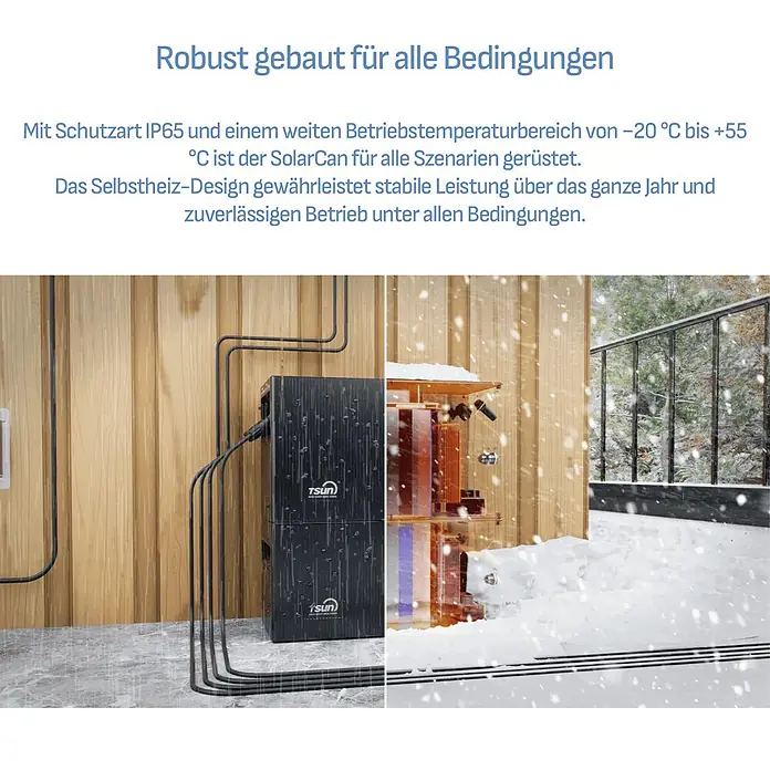 Sunniva Balkonkraftwerk-Set 1840 / 800 Watt mit TSUN DCU2000Lite 2,01 kWh Speicher - Nennleistung: 800 W, L x B x H: 1.762 x 1.134 x 30 mm - Schwarze TSUN SolarCan bei Regen und Schnee, demonstriert robustes Design und interne Heizung für extreme Wetterbedingungen.