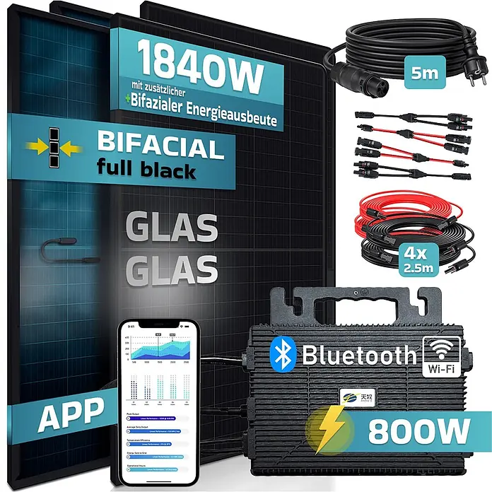 Sunniva Balkonkraftwerk-Set 1840 / 800 Watt mit ASTRO-E Wechselrichter - Nennleistung: 800 W - Zwei schwarze bifaziale Solarmodule (1840W), ein 800W Wechselrichter mit App-Überwachung und Anschlusskabel für eine Solaranlage.
