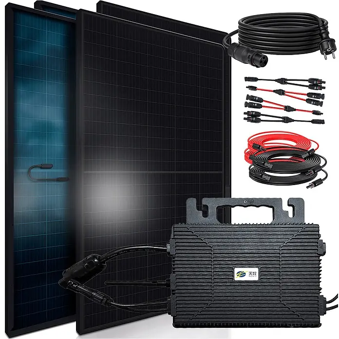 Sunniva Balkonkraftwerk-Set 1840 / 800 Watt mit ASTRO-E Wechselrichter - Nennleistung: 800 W - Schwarzes Solarstrom-Kit: zwei Paneele, Mikro-Wechselrichter, Netzkabel und Solar-Verbindungskabel.