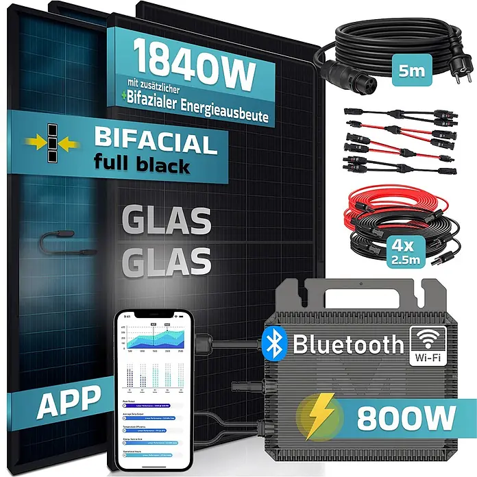 Sunniva Balkonkraftwerk-Set 1840 / 800 Watt mit MARSTEK Wechselrichter - Nennleistung: 800 W, L x B x H: 1.762 x 1.134 x 30 mm - Zwei schwarze bifaziale Glas-Glas-Solarmodule (1840W) mit einem 800W Mikrowechselrichter, App-Überwachung und Kabeln.