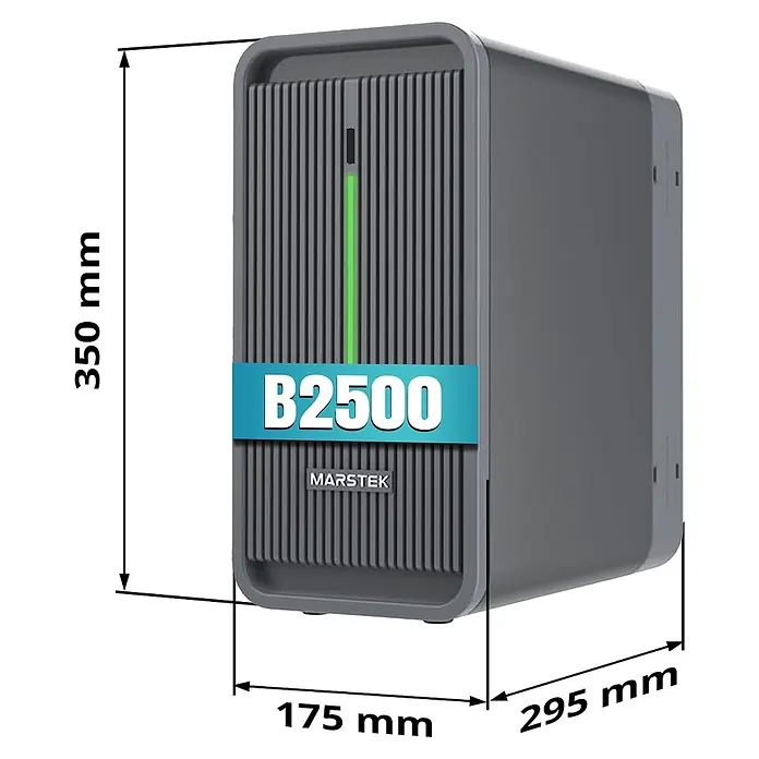 Sunniva Balkonkraftwerk-Set 2000 / 800 Watt mit Marstek 4.48 kWh Speicher - Nennleistung: 800 W, L x B x H: 1.910 x 1.134 x 30 mm - Graue rechteckige MARSTEK B2500 Powerstation mit gerippter Front, grünem Lichtstreifen. Maße: 350x175x295mm.