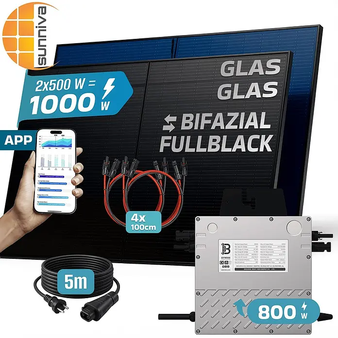 Sunniva Balkonkraftwerk-Set 1000 / 800 Watt mit BENY Wechselrichter - Nennleistung: 800 W, L x B x H: 1.906 x 1.134 x 30 mm - Solarpanel-Set mit zwei 500W schwarzen bifazialen Modulen, 800W Wechselrichter, Anschlusskabeln und App-Anzeige.