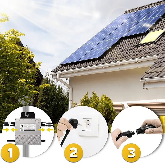 Sunniva Balkonkraftwerk-Set 1000 / 800 Watt mit BENY Wechselrichter - Nennleistung: 800 W, L x B x H: 1.906 x 1.134 x 30 mm - Installation einer Solaranlage: Schritte zeigen den Anschluss eines Mikro-Wechselrichters, das Einstecken in eine Steckdose und das Verbinden von Kabelsteckern.