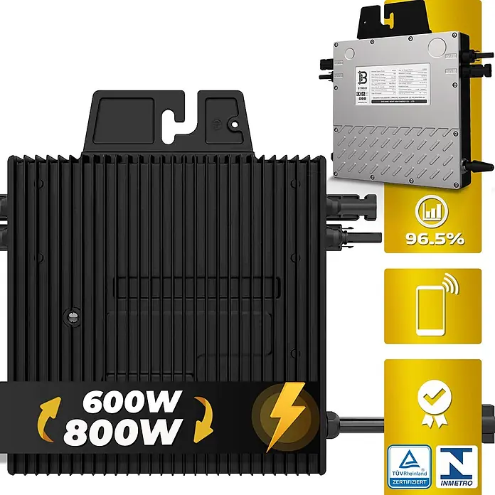 Sunniva Balkonkraftwerk-Set 1000 / 800 Watt mit BENY Wechselrichter - Nennleistung: 800 W, L x B x H: 1.906 x 1.134 x 30 mm - Schwarzer Solar-Mikrowechselrichter mit geripptem Gehäuse, zeigt 600W/800W Leistung, 96,5% Effizienz und Zertifizierungen.