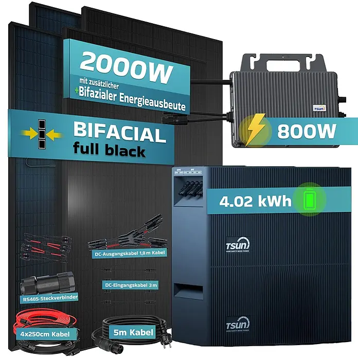 Sunniva Balkonkraftwerk-Set 2000 / 800 Watt mit TSUN DCU2000Lite 4,02 kWh Speicher - Nennleistung: 800 W, L x B x H: 1.906 x 1.134 x 30 mm - Komplettes Balkonkraftwerk mit bifazialen schwarzen Solarmodulen (2000W), 800W Wechselrichter, 4.02 kWh Speicher und Kabeln.