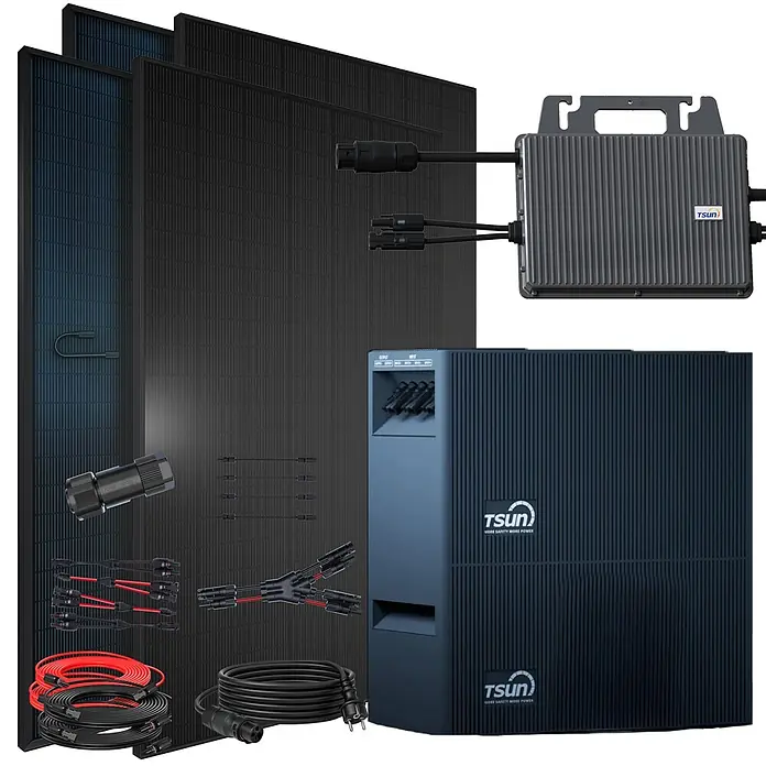 Sunniva Balkonkraftwerk-Set 2000 / 800 Watt mit TSUN DCU2000Lite 4,02 kWh Speicher - Nennleistung: 800 W, L x B x H: 1.906 x 1.134 x 30 mm - Ein Solarenergie-Kit mit mehreren dunklen Solarmodulen, einem Mikro-Wechselrichter, einer großen Wechselrichter-/Speichereinheit sowie diversen Kabeln und Anschlüssen.