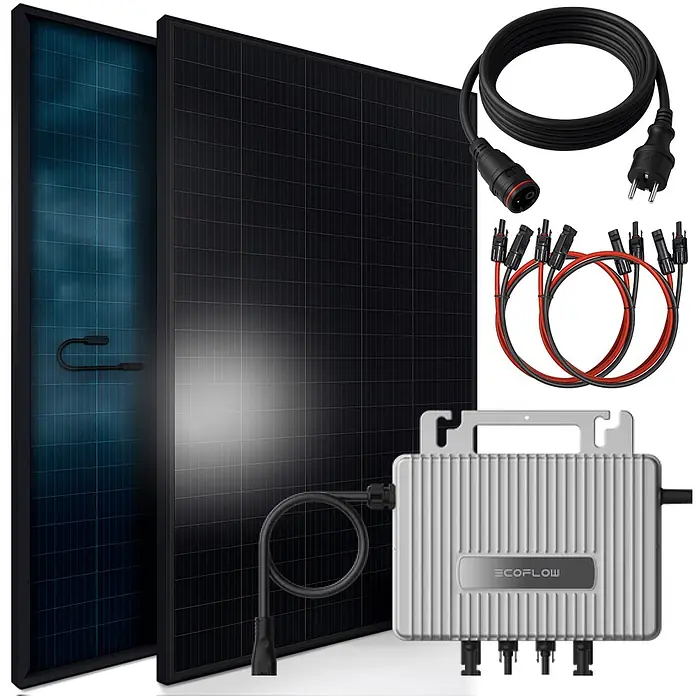 Sunniva Balkonkraftwerk-Set 920 / 800 Watt mit ECOFLOW Wechselrichter - Nennleistung: 800 W, L x B x H: 1.762 x 1.134 x 30 mm - Ein komplettes Ecoflow Solarkraft-Kit mit zwei schwarzen Solarmodulen, einem silbernen Mikro-Wechselrichter, Netzkabel und MC4-Anschlusskabeln.