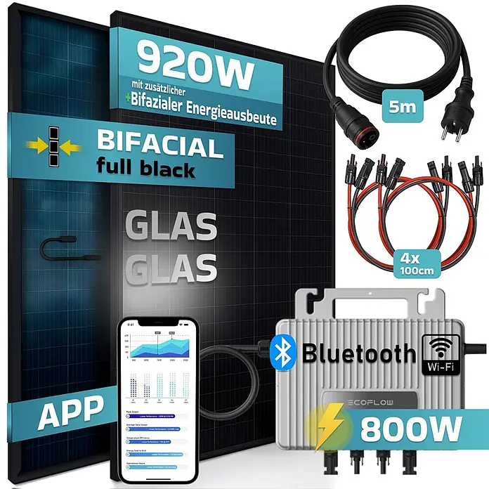 Sunniva Balkonkraftwerk-Set 920 / 800 Watt mit ECOFLOW Wechselrichter - Nennleistung: 800 W, L x B x H: 1.762 x 1.134 x 30 mm - Bifaziales Solarpanel-Set: 920W Panel, 800W Wechselrichter (Bluetooth/WLAN), 5m Hauptkabel, 4x 1m Solarkabel und App-Anzeige.