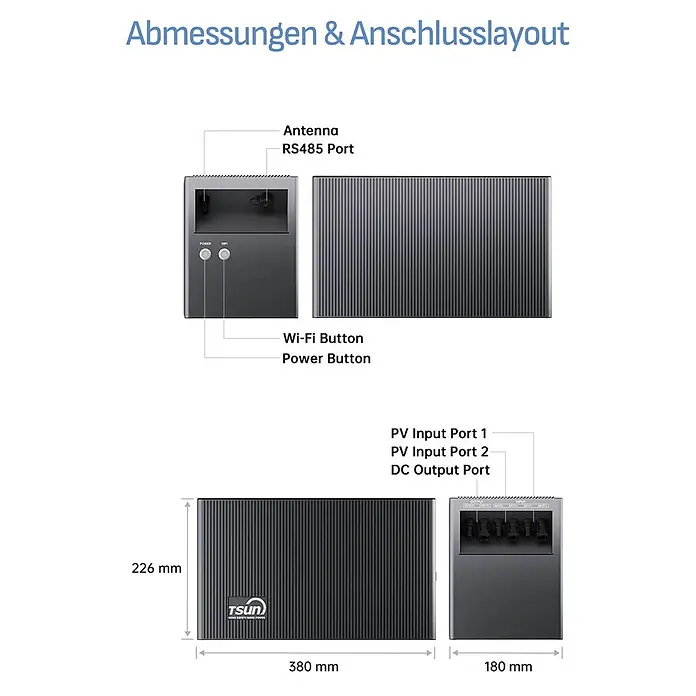 Sunniva Balkonkraftwerk-Set 920 / 800 Watt mit TSUN DCU2000Lite 2,01 kWh Speicher - Nennleistung: 800 W, L x B x H: 1.762 x 1.134 x 30 mm - Schwarzer Solarwechselrichter mit geripptem Gehäuse, zeigt Maße, PV-Eingang/-DC-Ausgang, RS485-Anschluss, Antenne und Bedientasten.