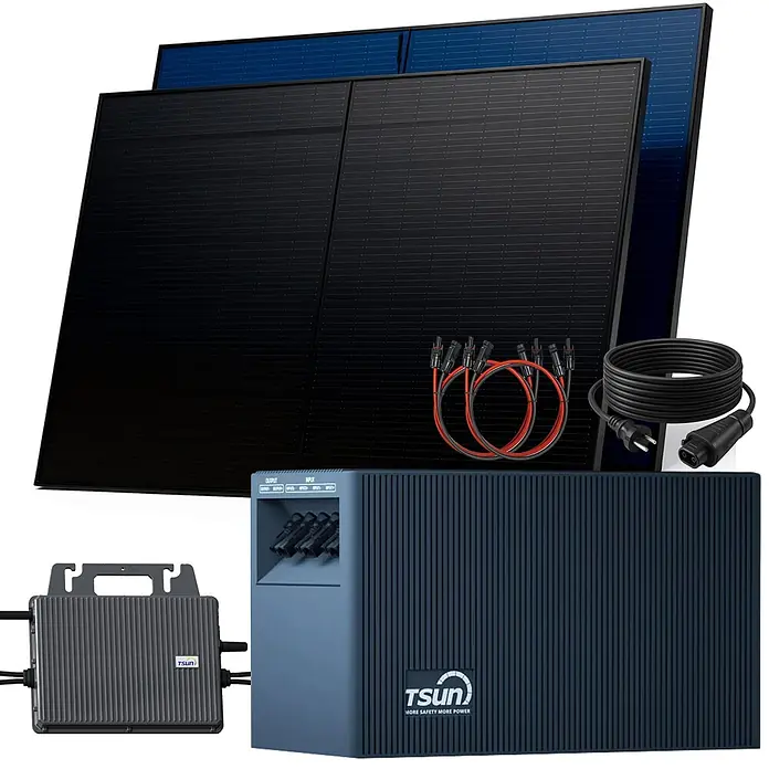 Sunniva Balkonkraftwerk-Set 1000 / 800 Watt mit TSUN DCU2000Lite 2,01 kWh Speicher - Nennleistung: 800 W, L x B x H: 1.906 x 1.134 x 30 mm - TSUN Solarkit: schwarze und blaue Paneele, Wechselrichter, Mikro-Wechselrichter und Kabel zur Stromerzeugung.