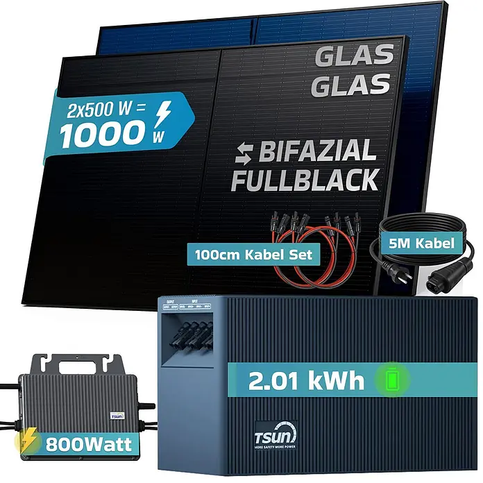 Sunniva Balkonkraftwerk-Set 1000 / 800 Watt mit TSUN DCU2000Lite 2,01 kWh Speicher - Nennleistung: 800 W, L x B x H: 1.906 x 1.134 x 30 mm - Solarenergie-Set mit zwei schwarzen bifazialen Glas-Glas-Modulen (insgesamt 1000W), einem 800W Wechselrichter, einem 2,01 kWh Akku und Anschlusskabeln.