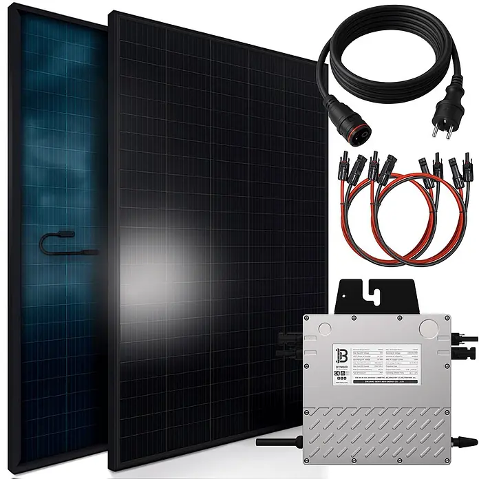 Sunniva Balkonkraftwerk-Set 920 / 800 Watt mit BENY Wechselrichter - Nennleistung: 800 W, L x B x H: 1.762 x 1.134 x 30 mm - Solar-Kit mit zwei schwarzen Panels, einem silbernen Mikro-Wechselrichter und Anschlusskabeln.