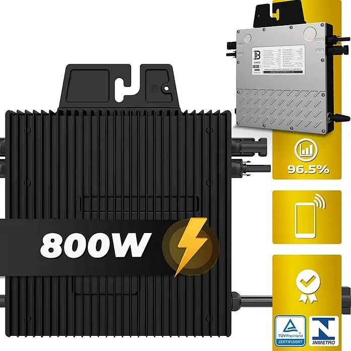 Sunniva Balkonkraftwerk-Set 920 / 800 Watt mit BENY Wechselrichter - Nennleistung: 800 W, L x B x H: 1.762 x 1.134 x 30 mm - Schwarzer 800W Solar-Mikrowechselrichter mit Rippengehäuse, zeigt 96.5% Effizienz, Fernüberwachung und TÜV Rheinland/INMETRO-Zertifizierungen.
