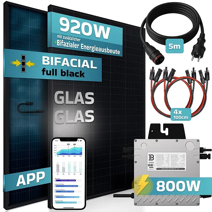 Sunniva Balkonkraftwerk-Set 920 / 800 Watt mit BENY Wechselrichter - Nennleistung: 800 W, L x B x H: 1.762 x 1.134 x 30 mm - Bifaziales Full-Black Solarpanel-Set (920W) mit 800W Wechselrichter, Kabeln (5m, 4x 1m) und App-Überwachung.