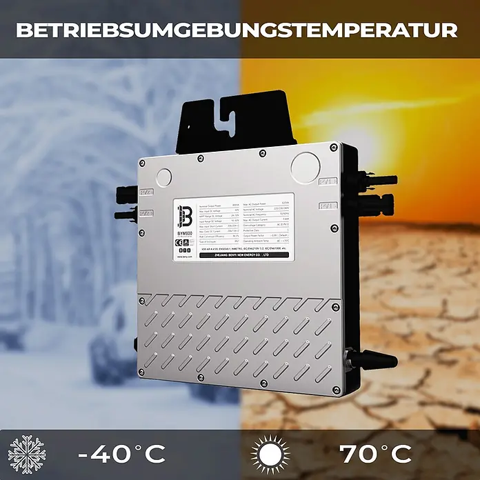 Sunniva Balkonkraftwerk-Set 920 / 800 Watt mit BENY Wechselrichter - Nennleistung: 800 W, L x B x H: 1.762 x 1.134 x 30 mm - Silbergrauer Mikro-Wechselrichter BYM800, Betriebstemperaturbereich von -40°C bis 70°C.