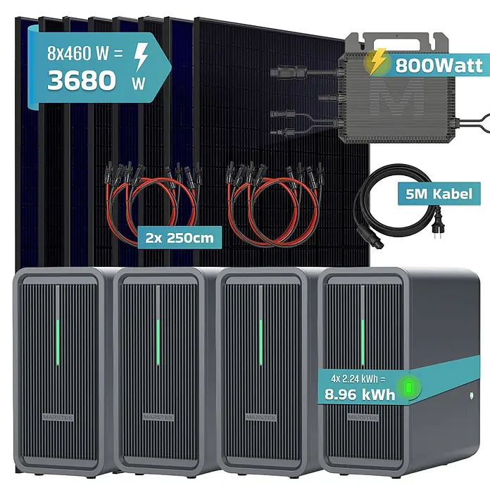 Sunniva Balkonkraftwerk-Set 3680 / 800 Watt mit Marstek 8.96 kWh Speicher - Nennleistung: 800 W, L x B x H: 1.762 x 1.134 x 30 mm - Komplettes Solarsystem mit 8x 460W Modulen (3680W), 800W Wechselrichter, Kabeln und 4x MARSTEK Batteriespeichern (8,96 kWh).