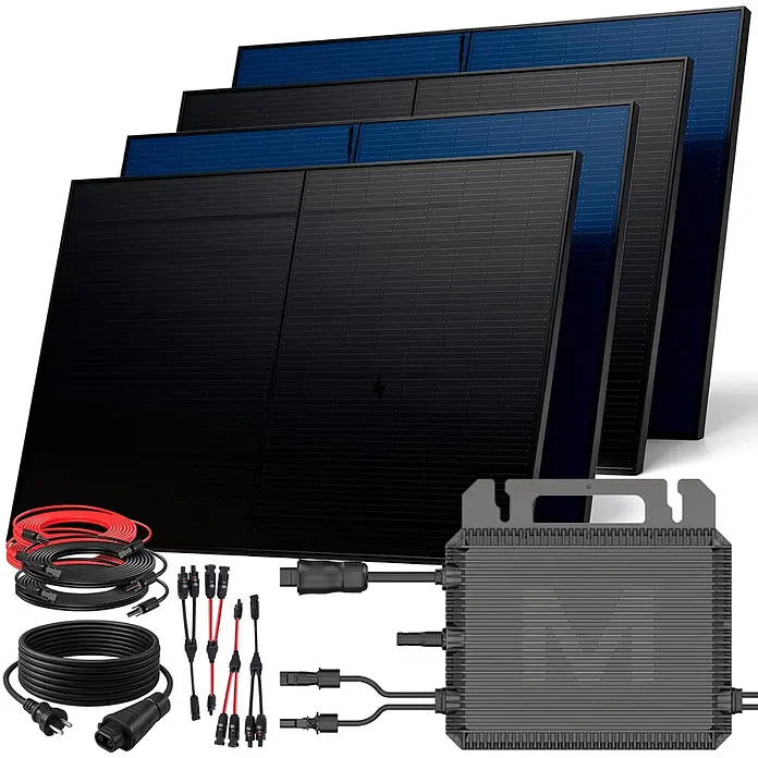 Sunniva Balkonkraftwerk-Set 2000 / 800 Watt mit MARSTEK Wechselrichter - Nennleistung: 800 W, L x B x H: 1.906 x 1.134 x 30 mm - Ein Solarpanel-Kit mit mehreren schwarzen und blauen Panels, verschiedenen Kabeln, Steckern und einem grauen Mikro-Wechselrichter.