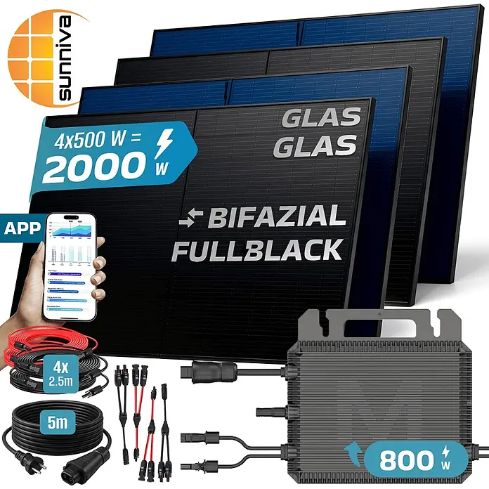 Sunniva Balkonkraftwerk-Set 2000 / 800 Watt mit MARSTEK Wechselrichter - Nennleistung: 800 W, L x B x H: 1.906 x 1.134 x 30 mm - Schwarze bifaziale Solarmodule (4x500W), ein 800W Wechselrichter und Anschlusskabel für ein Solarenergiesystem mit Überwachungs-App.