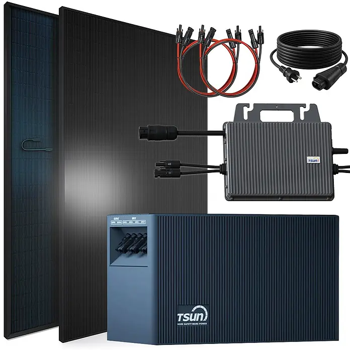Sunniva Balkonkraftwerk-Set 920 / 800 Watt mit TSUN DCU2000Lite 2,01 kWh Speicher - Nennleistung: 800 W, L x B x H: 1.762 x 1.134 x 30 mm - Solarpanel-Kit mit zwei schwarzen Paneelen, grauem Mikrowechselrichter, blauem Hauptwechselrichter und Anschlusskabeln.