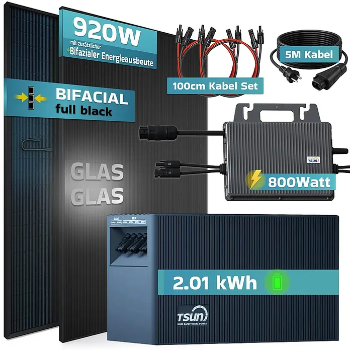 Sunniva Balkonkraftwerk-Set 920 / 800 Watt mit TSUN DCU2000Lite 2,01 kWh Speicher - Nennleistung: 800 W, L x B x H: 1.762 x 1.134 x 30 mm - Solaranlage mit zwei bifazialen Solarmodulen, 800W Wechselrichter, 2,01 kWh Batteriespeicher und Kabeln.