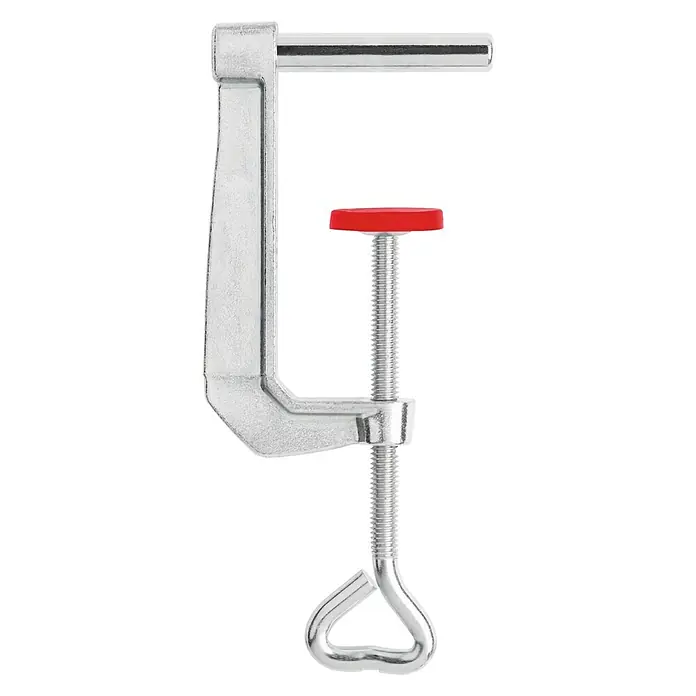 Bessey Tischklemme TK 6Spannweite: 60 mm - Nahaufnahme einer silberfarbenen Schraubzwinge mit rotem Griff, ein nützliches Werkzeug zum Fixieren von Objekten.