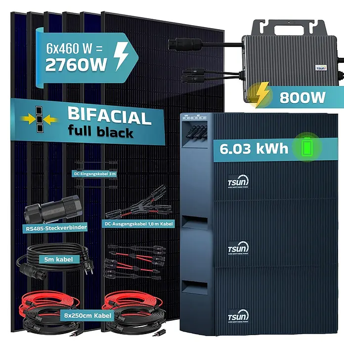 Sunniva Balkonkraftwerk-Set 2760 / 800 Watt mit TSUN DCU2000Lite 6,03 kWh Speicher - Nennleistung: 800 W - Komplettes TSUN bifaziales Solarstromsystem mit 6 schwarzen Modulen (2760W), 800W Wechselrichter, 6,03 kWh Batterie und allen Kabeln.