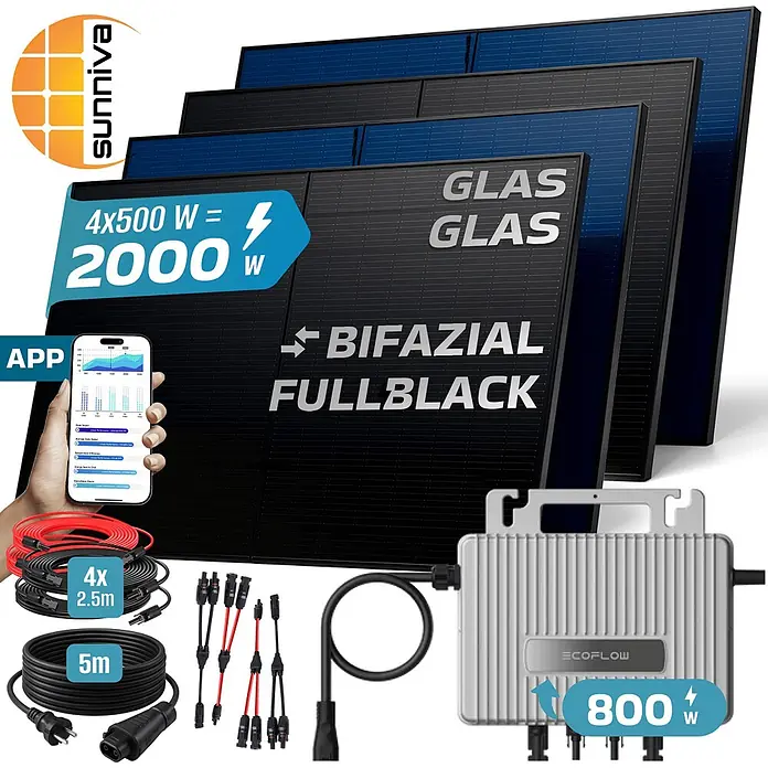 Sunniva Balkonkraftwerk-Set 2000 / 800 Watt mit ECOFLOW Wechselrichter - Nennleistung: 800 W, L x B x H: 1.906 x 1.134 x 30 mm - Solarpanel-Set mit vier schwarzen Glas-Glas-Bifacial-Modulen (2000W), 800W Ecoflow-Wechselrichter, Kabeln und Überwachungs-App.