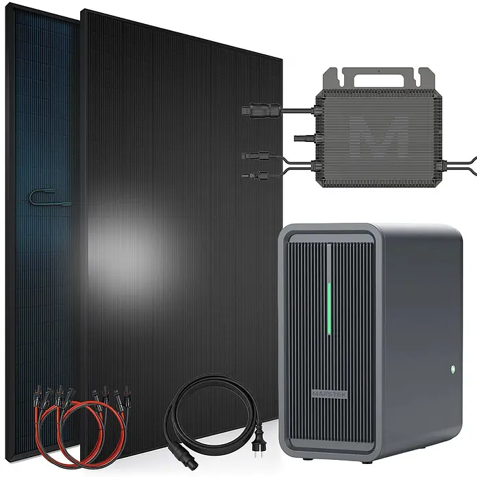 Sunniva Balkonkraftwerk-Set 920 / 800 Watt mit Marstek 2.24 kWh Speicher - Nennleistung: 800 W, L x B x H: 1.762 x 1.134 x 30 mm - Ein Solarstromsystem-Kit: zwei dunkle Solarmodule, ein Mikro-Wechselrichter, eine graue MARSTEK Power Station und Kabel.