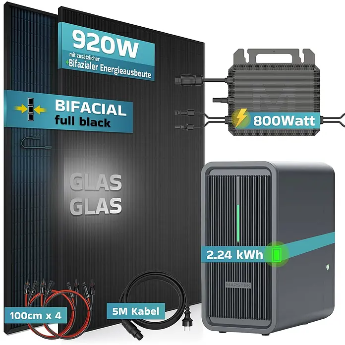 Sunniva Balkonkraftwerk-Set 920 / 800 Watt mit Marstek 2.24 kWh Speicher - Nennleistung: 800 W, L x B x H: 1.762 x 1.134 x 30 mm - Zwei schwarze bifaziale 920W Solarmodule, ein 800W Wechselrichter, eine graue 2,24 kWh MARSTEK Batterie und Anschlusskabel für ein Solarsystem.