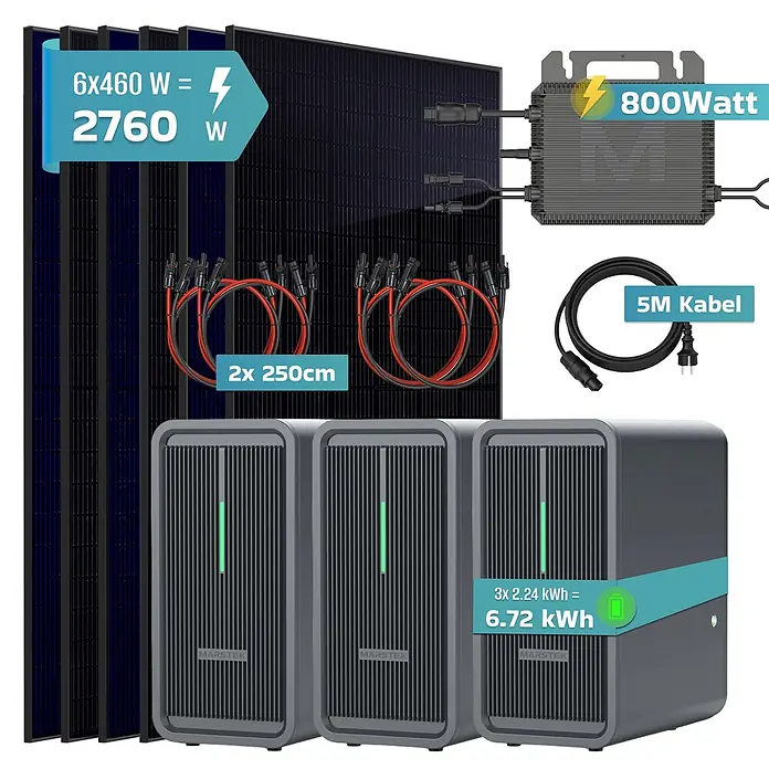 Sunniva Balkonkraftwerk-Set 2760 / 800 Watt mit Marstek 6.72 kWh Speicher - Nennleistung: 800 W, L x B x H: 1.762 x 1.134 x 30 mm - Solarstromanlage mit sechs Solarmodulen, einem Wechselrichter, Verbindungskabeln und drei Energiespeichern.