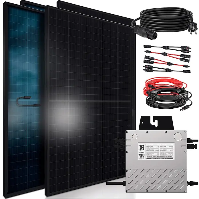 Sunniva Balkonkraftwerk-Set 1840 / 800 Watt mit BENY Wechselrichter - Nennleistung: 800 W, L x B x H: 1.762 x 1.134 x 30 mm - Zwei schwarze Solarmodule, ein silberner Mikro-Wechselrichter und diverse Solarkabel und Stecker.